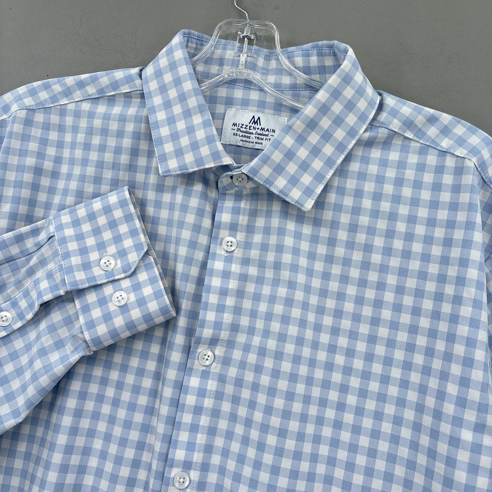 Mizzen+Main Shirt Men 2XL Blue Check Gingham Button Up Long Sleeve Trim Non-Iron